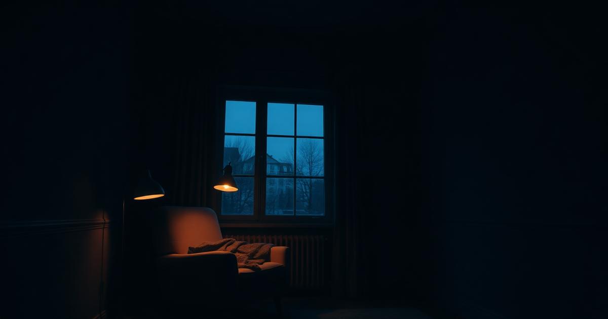A calm dim room at night with a warm lamp beside an armchair and blanket