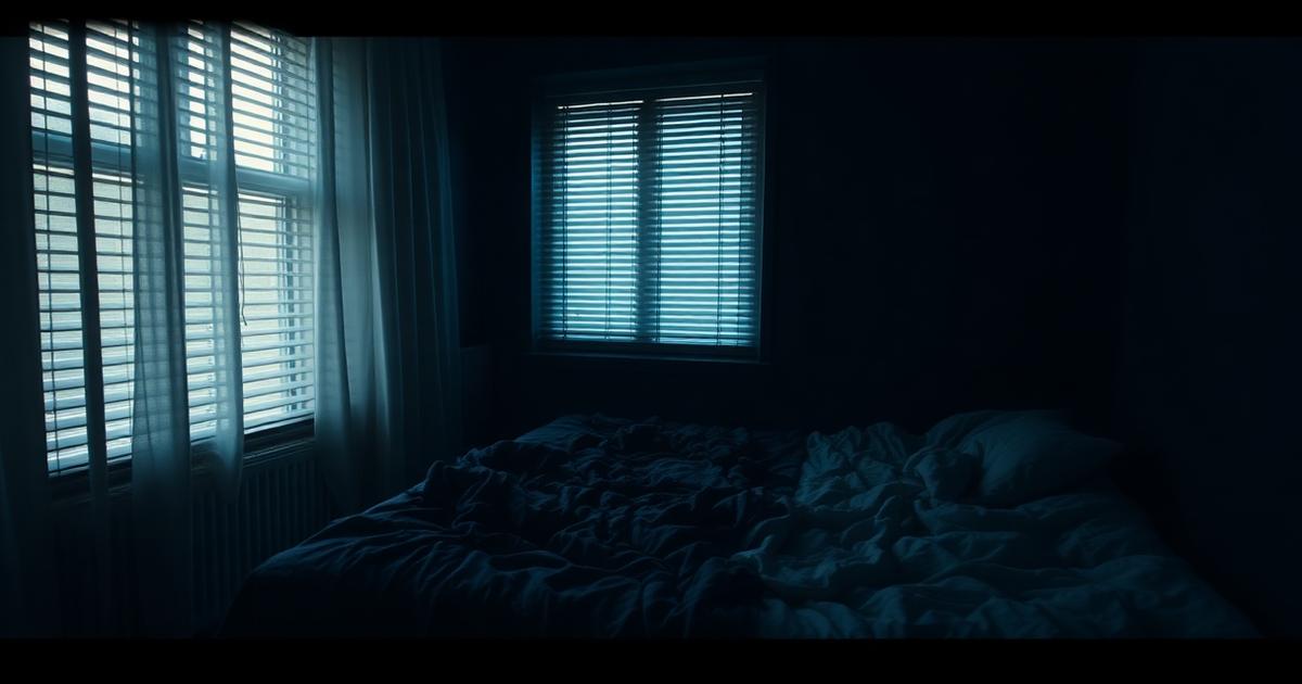 An unmade bed in a dark bedroom with cold early light through the blinds