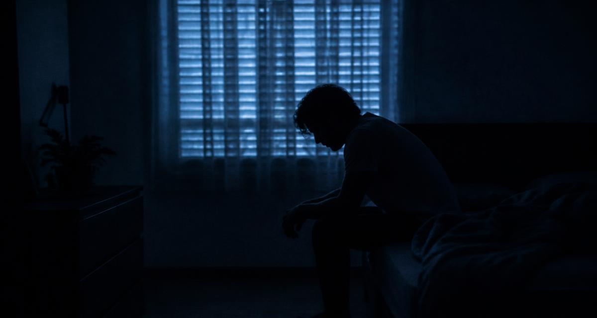 A person sitting on the edge of a bed in a dark bedroom before dawn, head lowered, faint light through the blinds